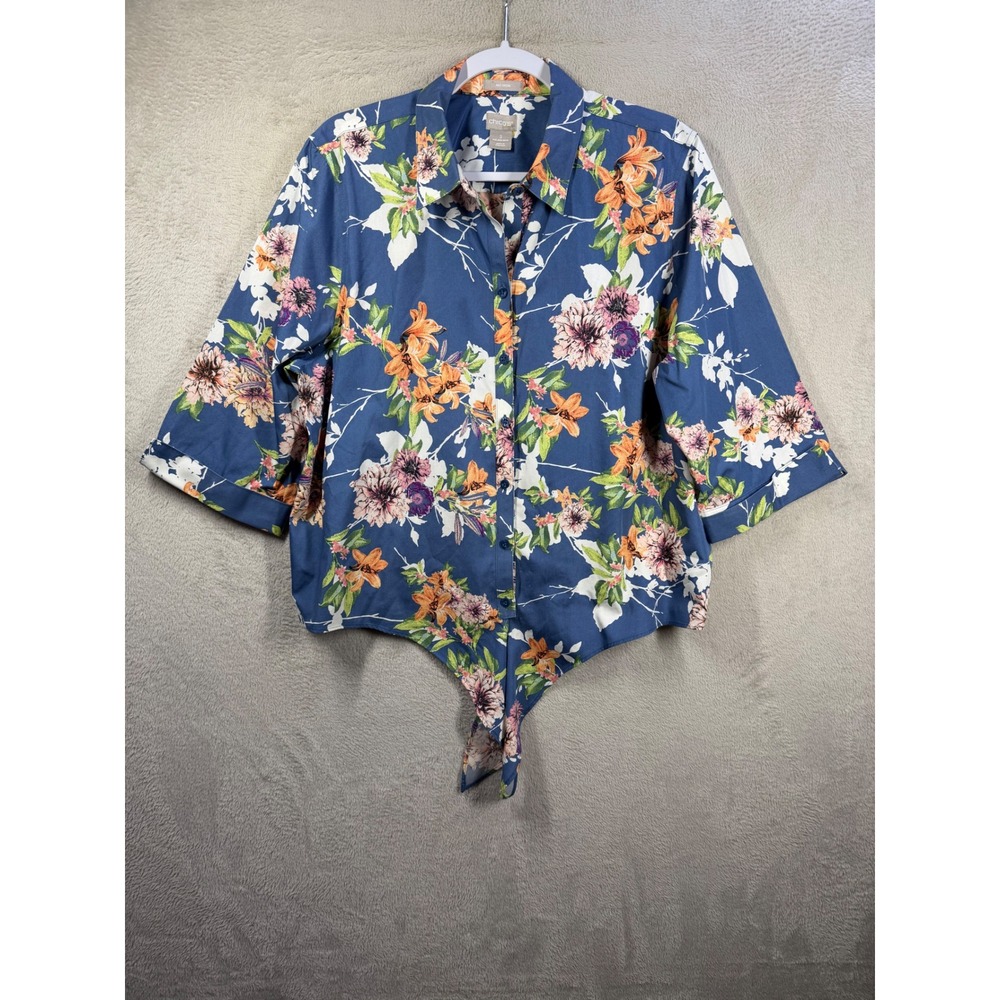 Chico's No Iron Shirt Women's XL Blue Floral Tie Front Button Up Blouse Cotton